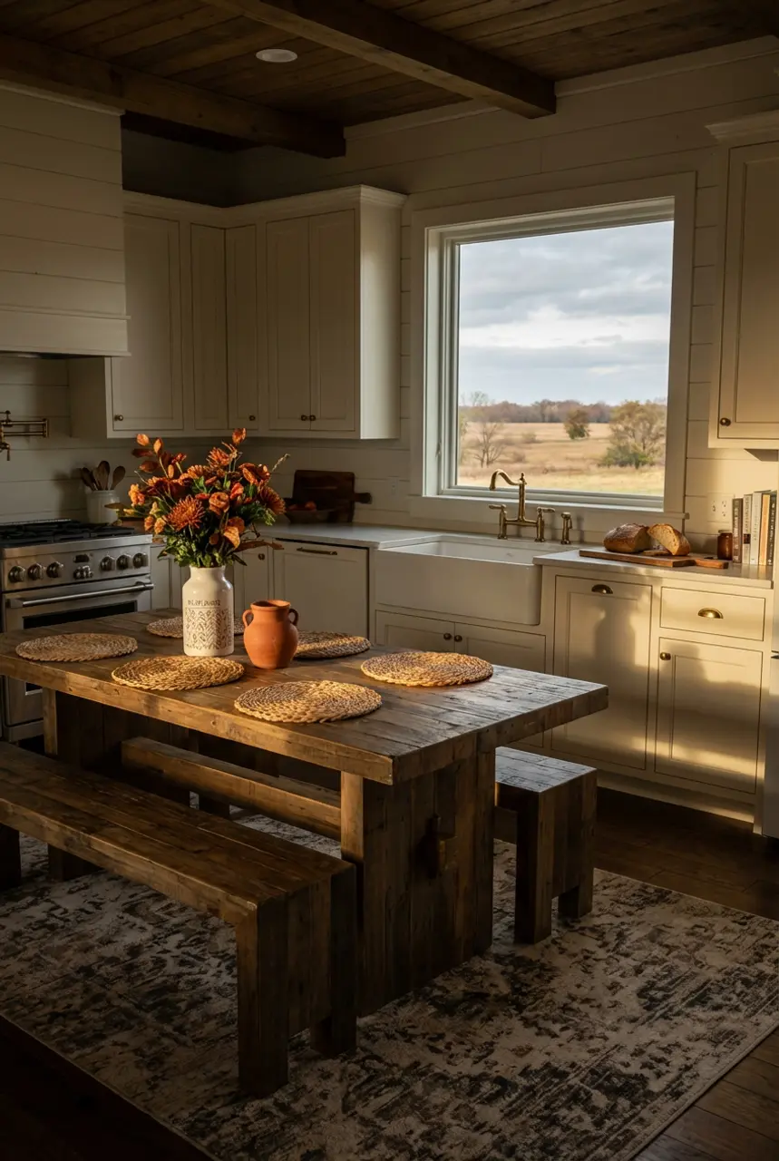 Rustic Farmhouse Kitchen Table with Floral Centerpiece & Woven Placemats