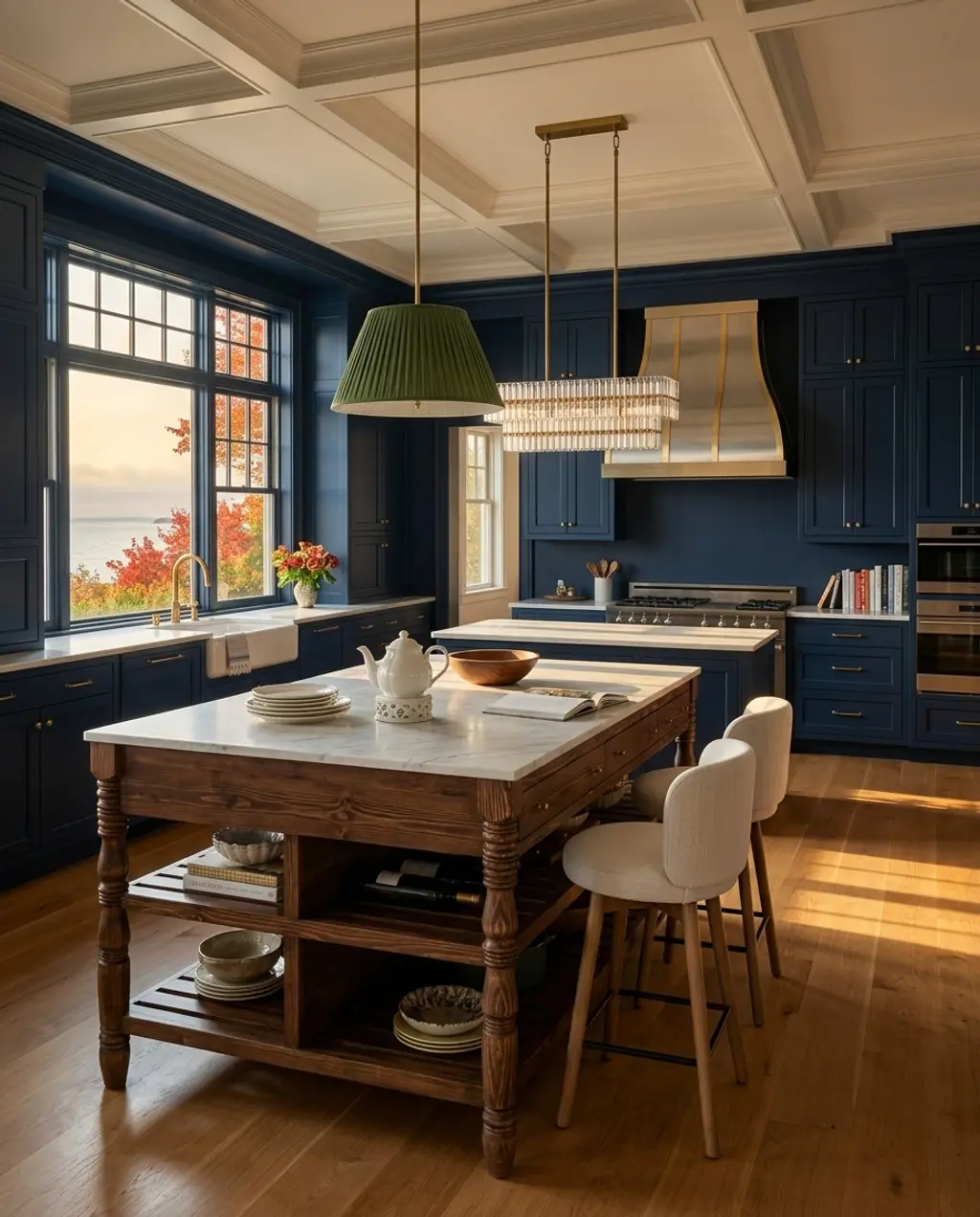 Large Galley Kitchen with Dual Islands