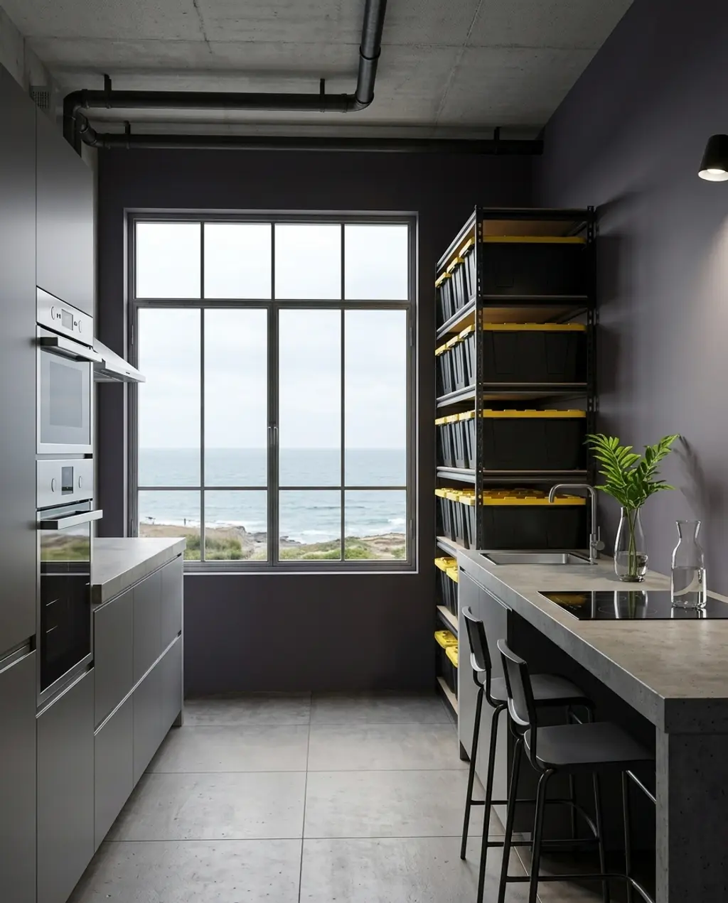 Industrial Open Shelving Kitchen with Dark Gray Walls