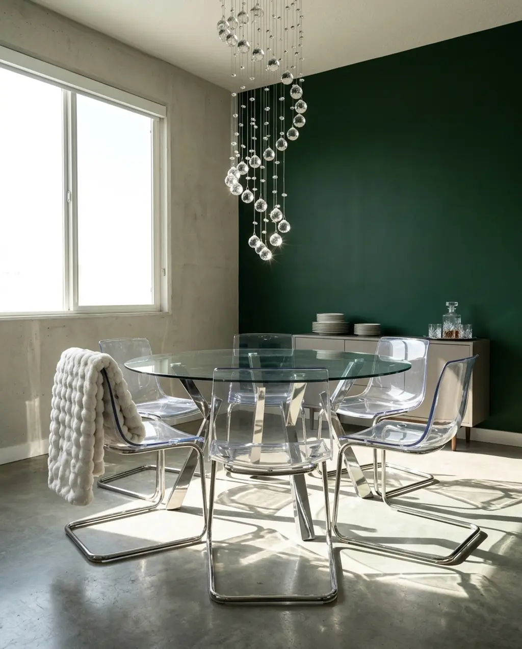 Glamorous Acrylic Dining Chairs with Faux Fur Throws