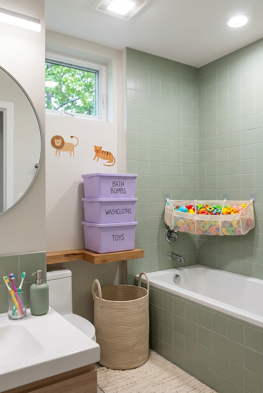 Colorful Kids' Bathroom Organization with Fun Bins