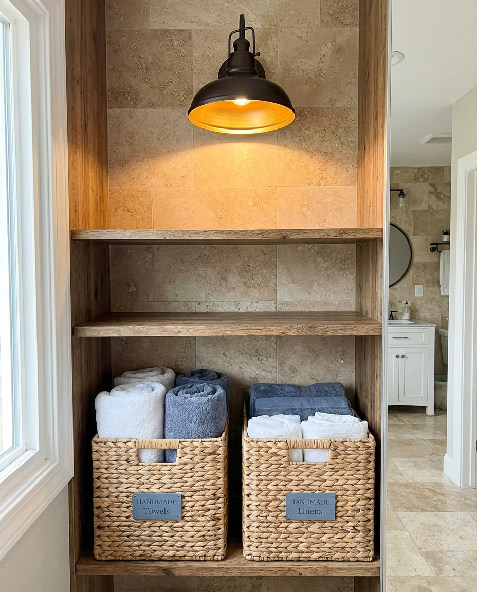 Farmhouse Style Linen Closet Organization
