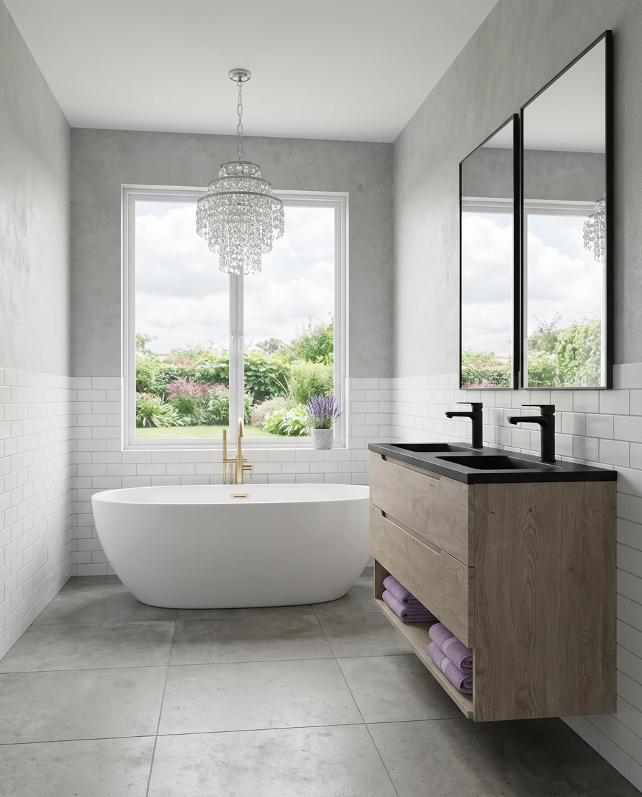 Transitional Bathroom with Freestanding Tub and Chandelier