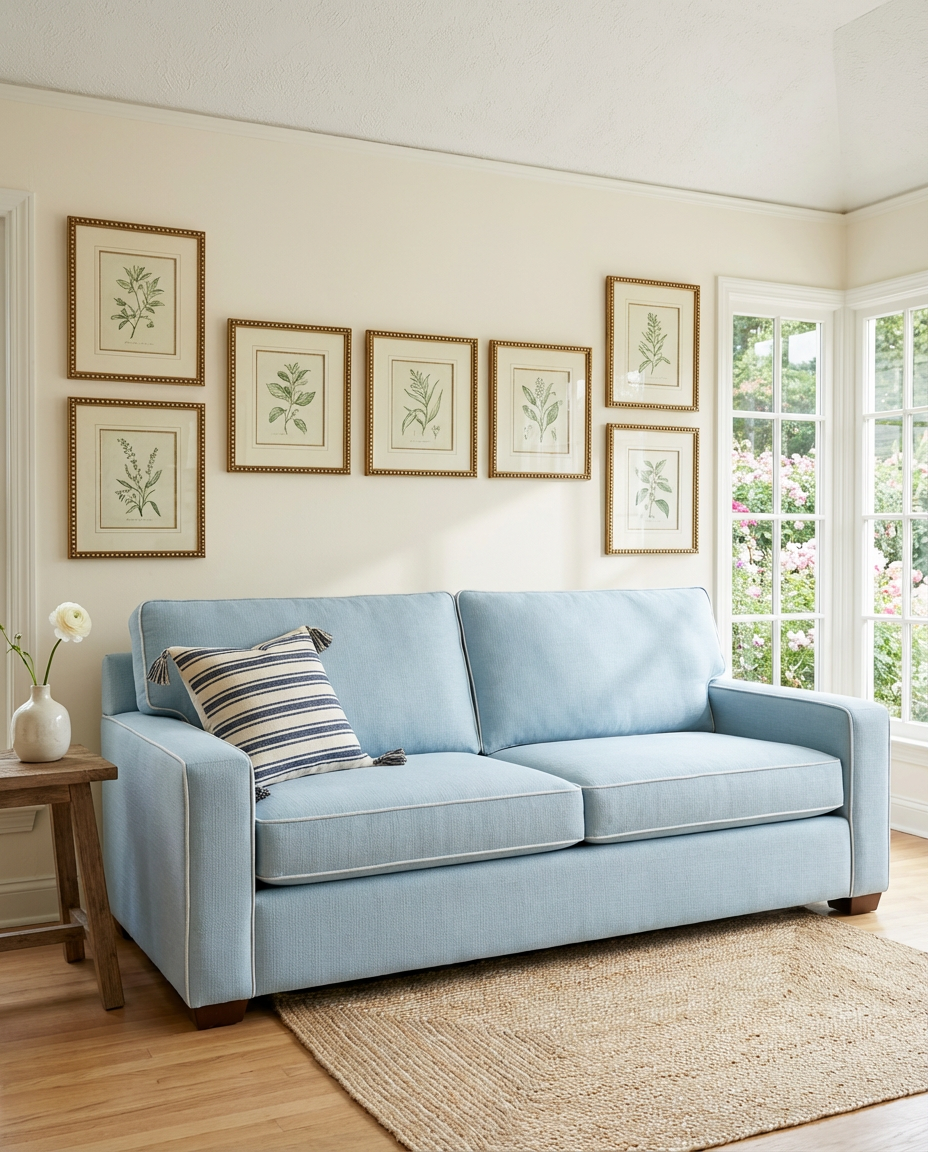 Gallery Wall with Botanical Prints Above Sofa