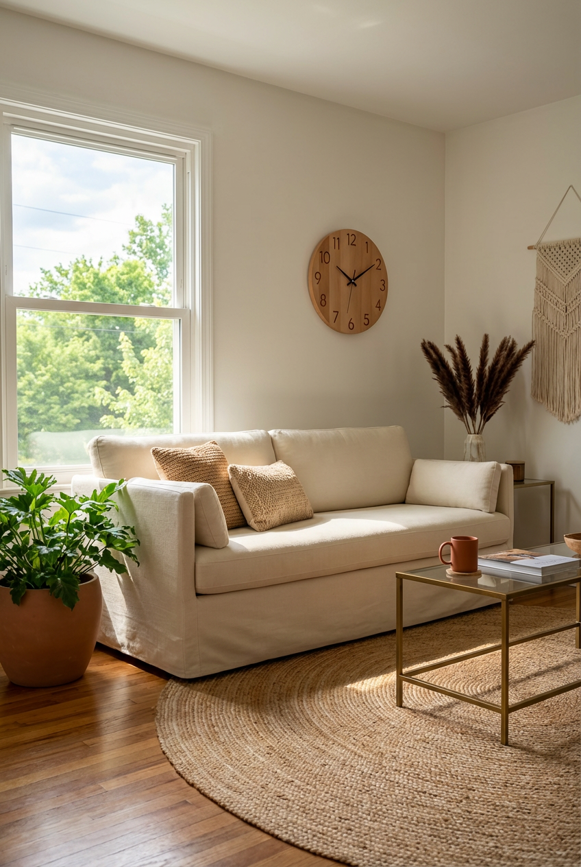 Neutral Boho Moody Living Room with Pampas Grass