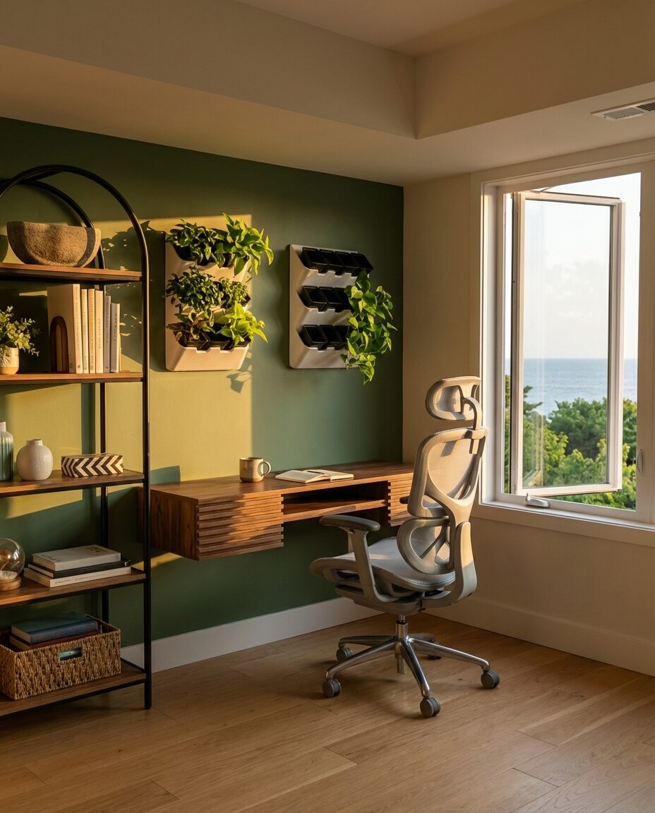 Contemporary Basement Home Office with Green Wall