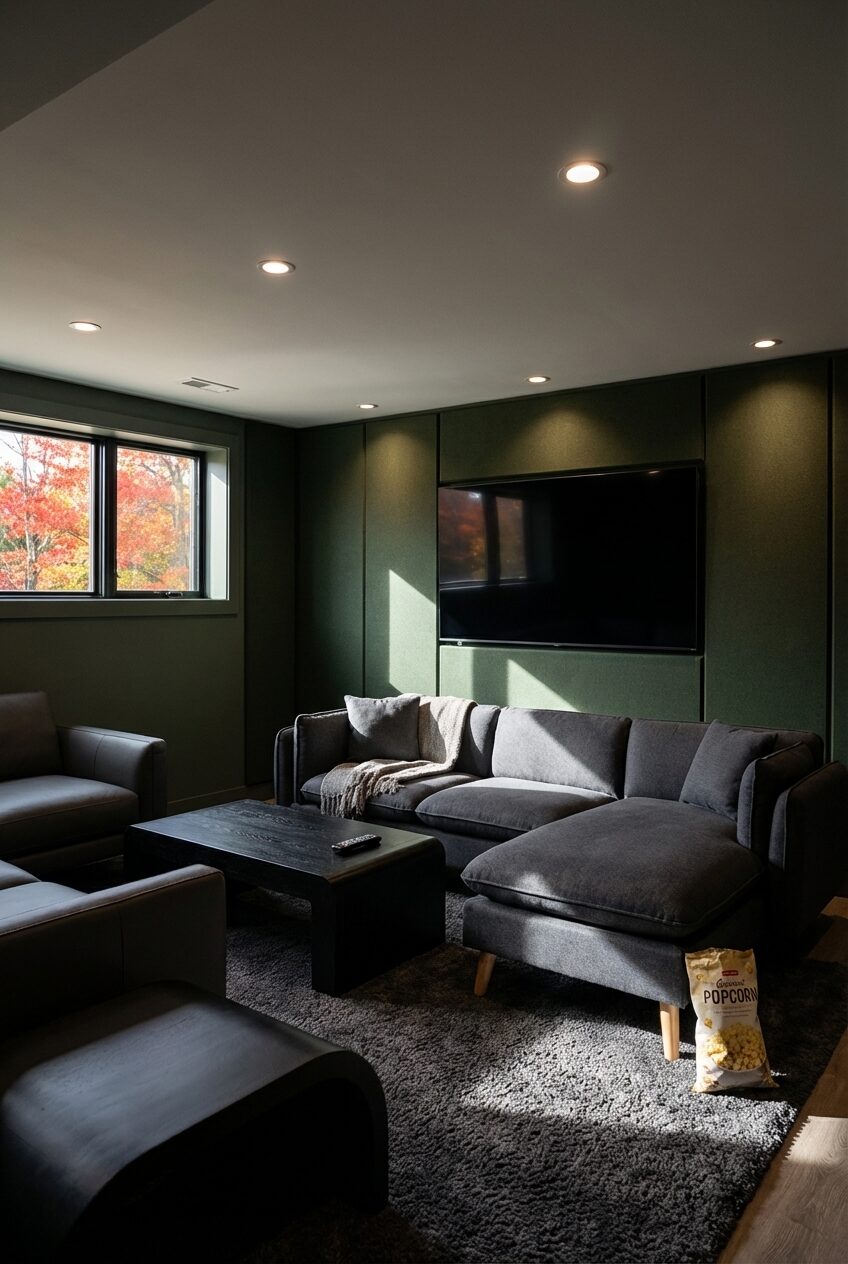 Low Ceiling Basement Media Room with Acoustical Panels