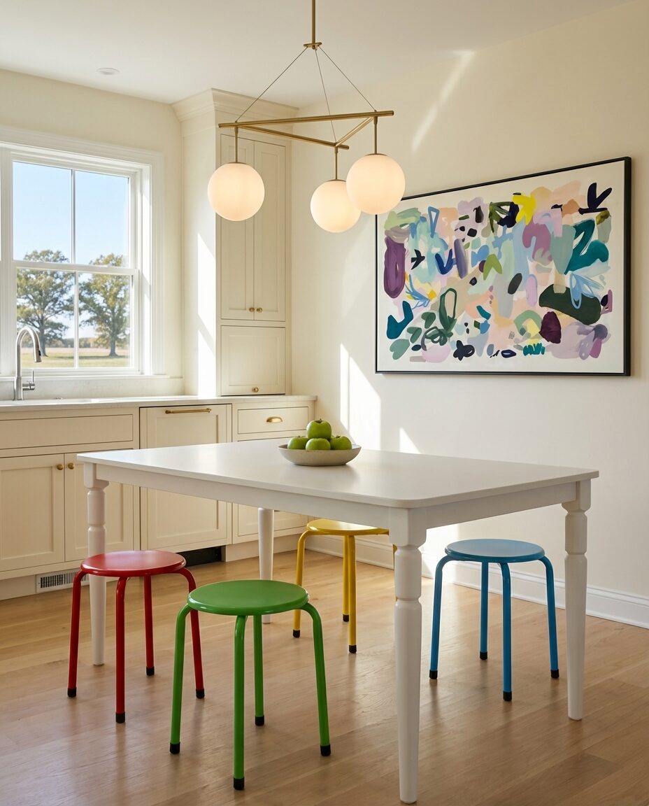 Modern Eclectic Kitchen Table with Mixed Chairs and Bold Artwork