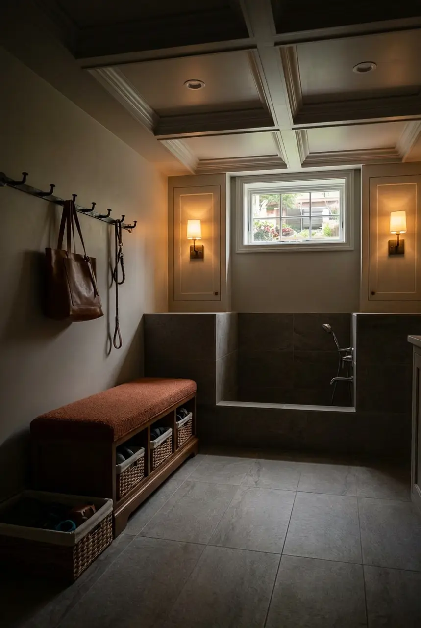 Michigan Basement Mudroom with Integrated Pet Bath