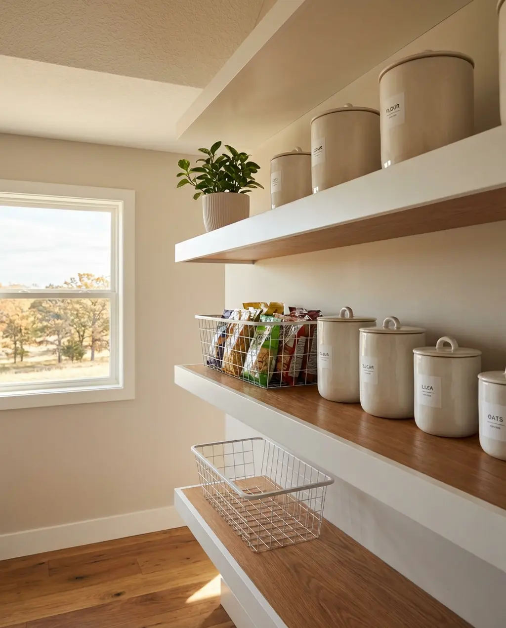 Minimalist Pantry with Uniform White Floating Shelves