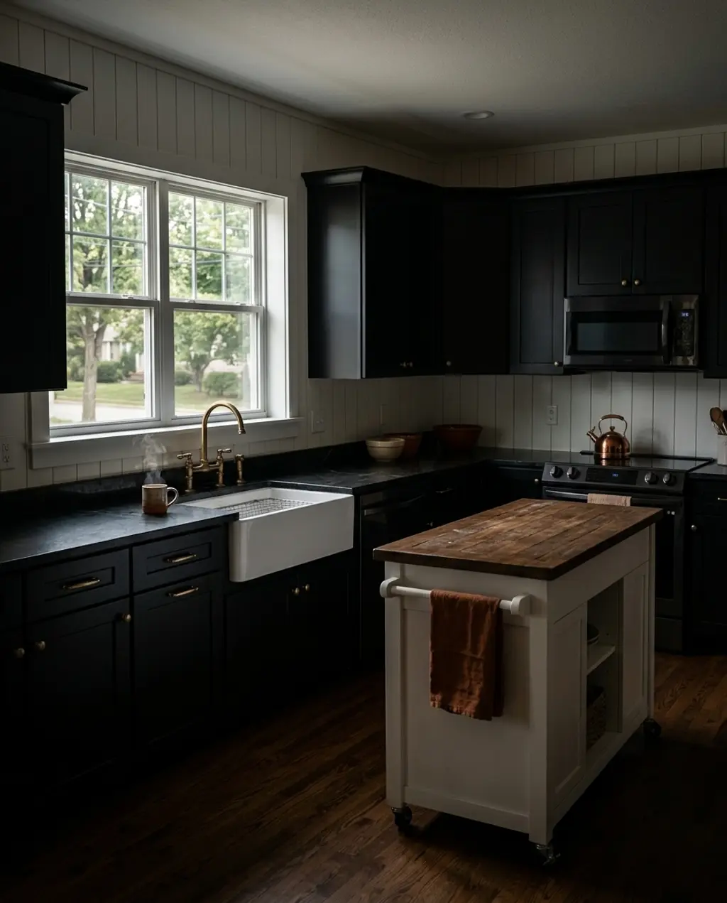 Modern Farmhouse Black Kitchen with White Shiplap and Wood Island Top