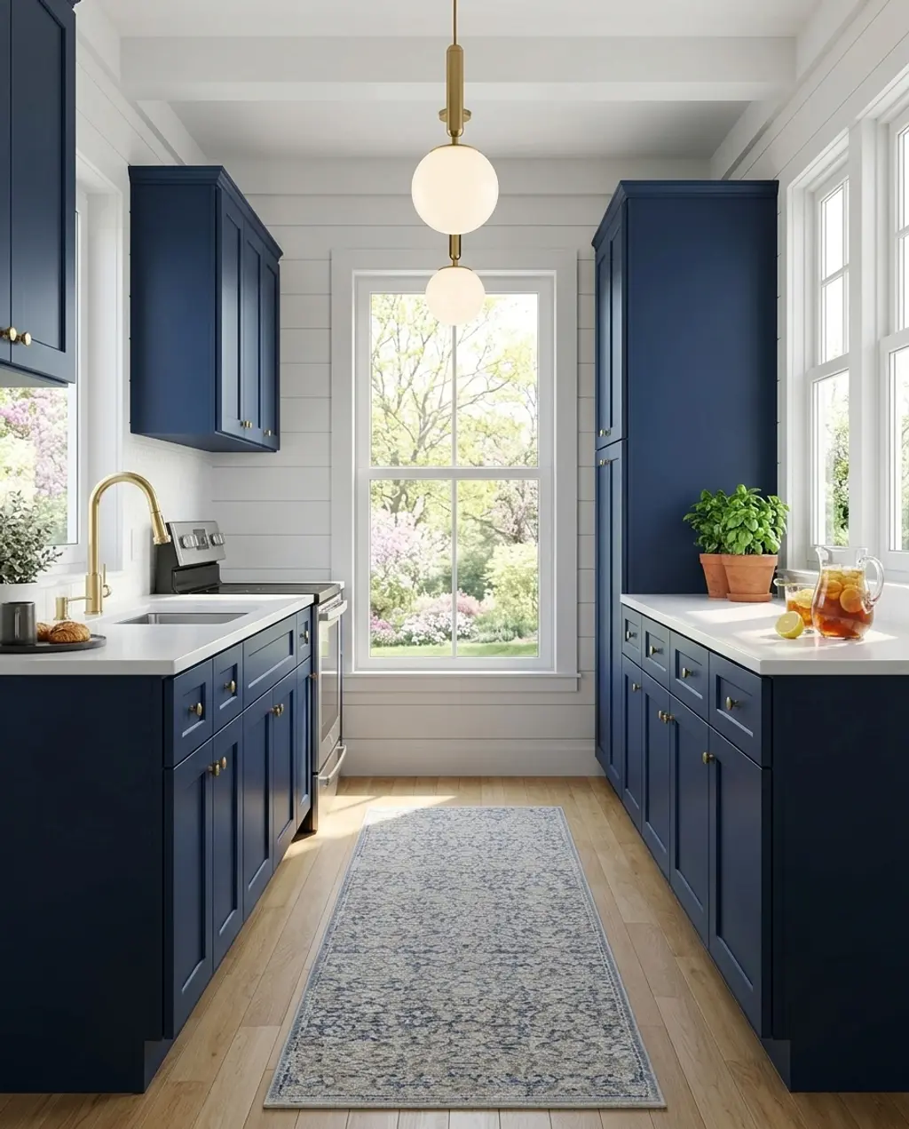 Coastal Galley Kitchen with Shiplap and Navy Cabinets