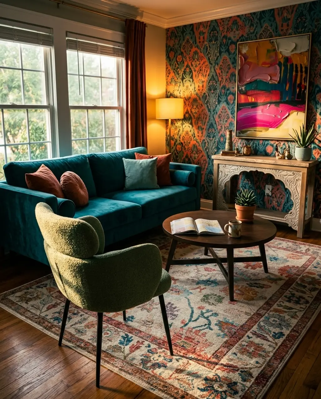 Vibrant Teal & Coral Eclectic Living Room