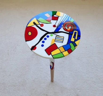 Funky Resin Coffee Table, Colorful Abstract Art, Round Wood Side Table