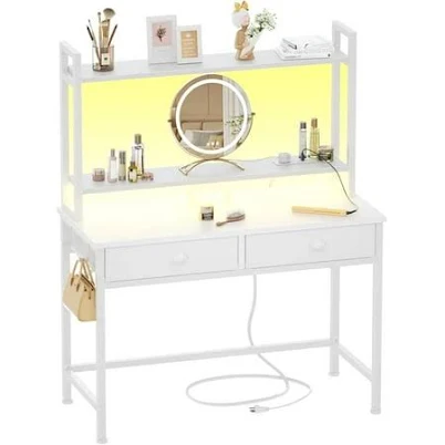 Furologee Small White Computer Desk with Power Outlet and 2 Fabric Drawers