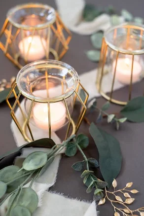 Geometric Brass Candle Votive: Art Deco Gold Tea Light Holder