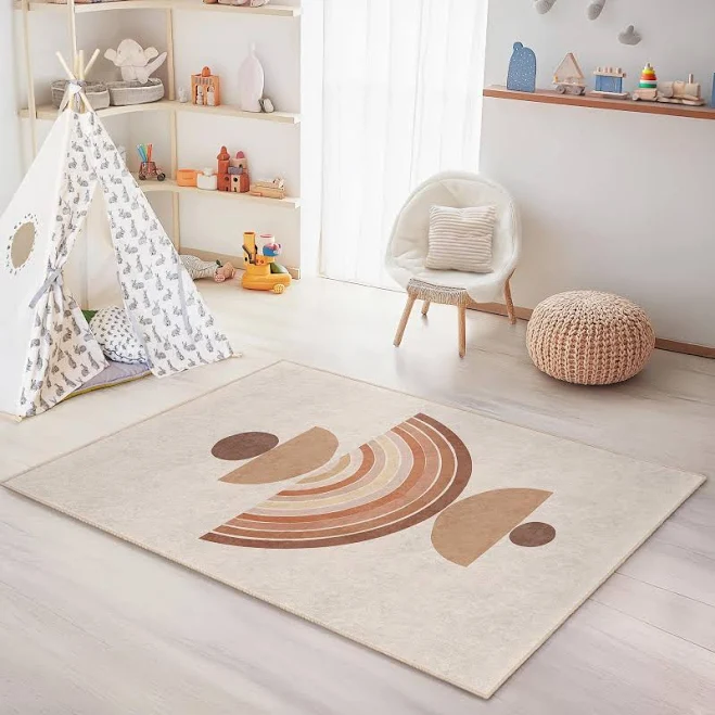 Geometric Pattern Kids Rectangle Rug, Modern Boho Style Carpet for Children, Sof