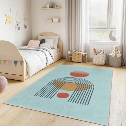 Geometric Shapes Patterned Rectangular Play Rug for Kids, Modern Nursery Carpet,