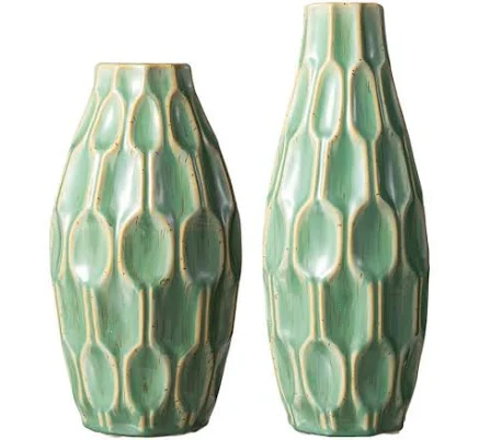 Glitzhome Modern Geometric Green Ceramic Table Vases (Set of 2)