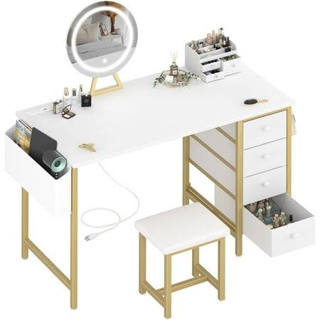 Gold Vanity Desk with Mirror and Light