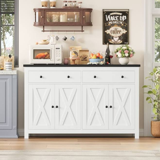 Gracie Oaks 55.1'' White/Black Sideboard Cabinet