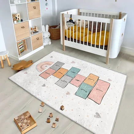 Hopscotch Nursery Play Rug - Colorful Geometric Squares Design Mat - Kids Room C