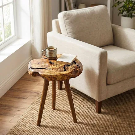 Large Round Live Edge Coffee Table - Authentic Olive Wood Slab Centerpiece - Mid