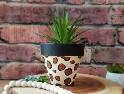 leopard print terra cotta pot; flower pot and saucer; leopard print; cheetah pri
