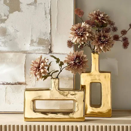 Miami Short Gold Ceramic Decorative Vase 16.5 x 11.75 Inch – Modern Sculptural T