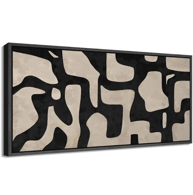 Mid Century Shape Abstract Contours, Black And White Beige Artwork, Retro Bedroo