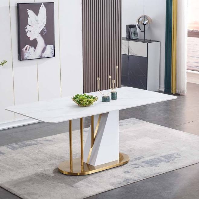 Modern Minimalist White Rectangular Dining Table with Iron & Stainless Steel Leg