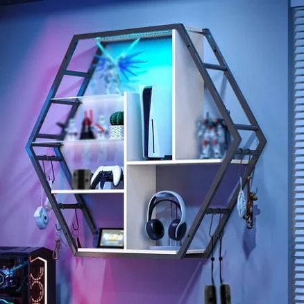 Modfurne LED Wall Shelves - Lighted Display Shelves With Extra Hooks For Gaming 