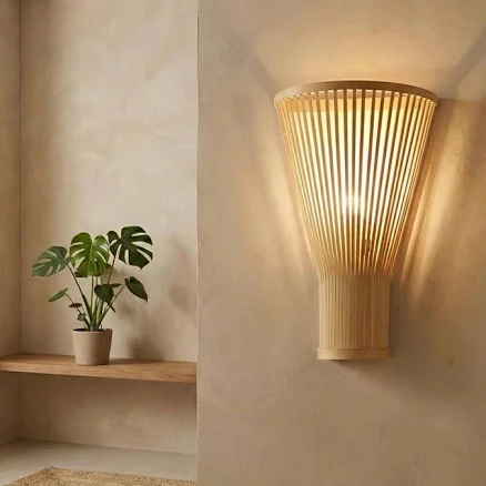 Natural Bamboo Wall Lamp | Scandi Coastal Home Decor | Wooden Bedside Night Ligh