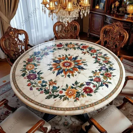 White Marble Inlay Round Coffee Table with Gemstone Floral Design | Luxury Inlay