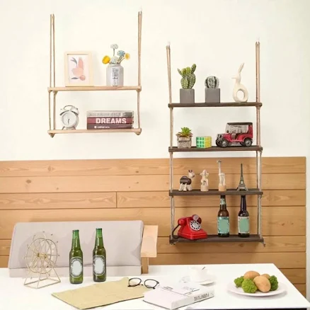 Wooden Floating Hanging Shelves | Rope Swing Wall Shelf for Plants & Decor | 1/2