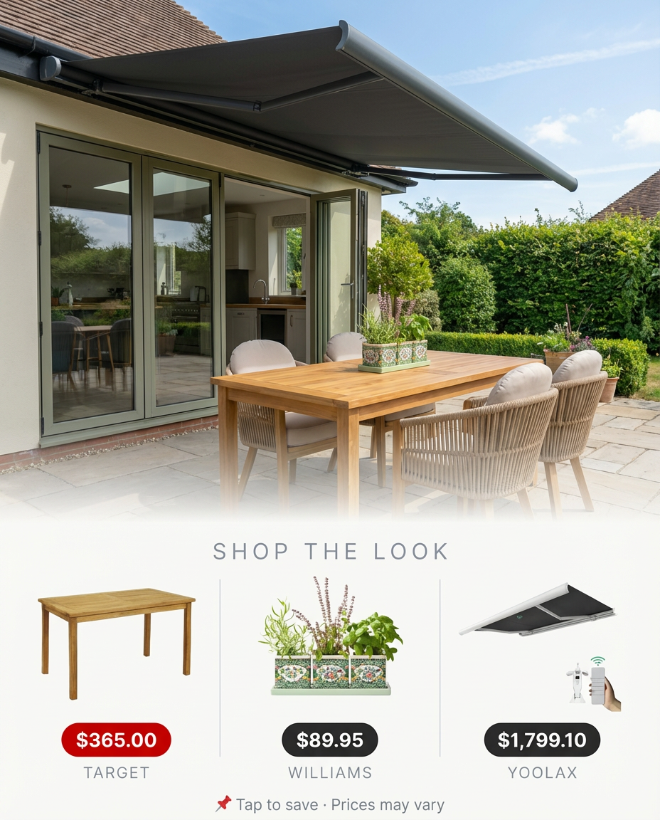 Shaded Dining Oasis with Retractable Awning and Outdoor Kitchenette