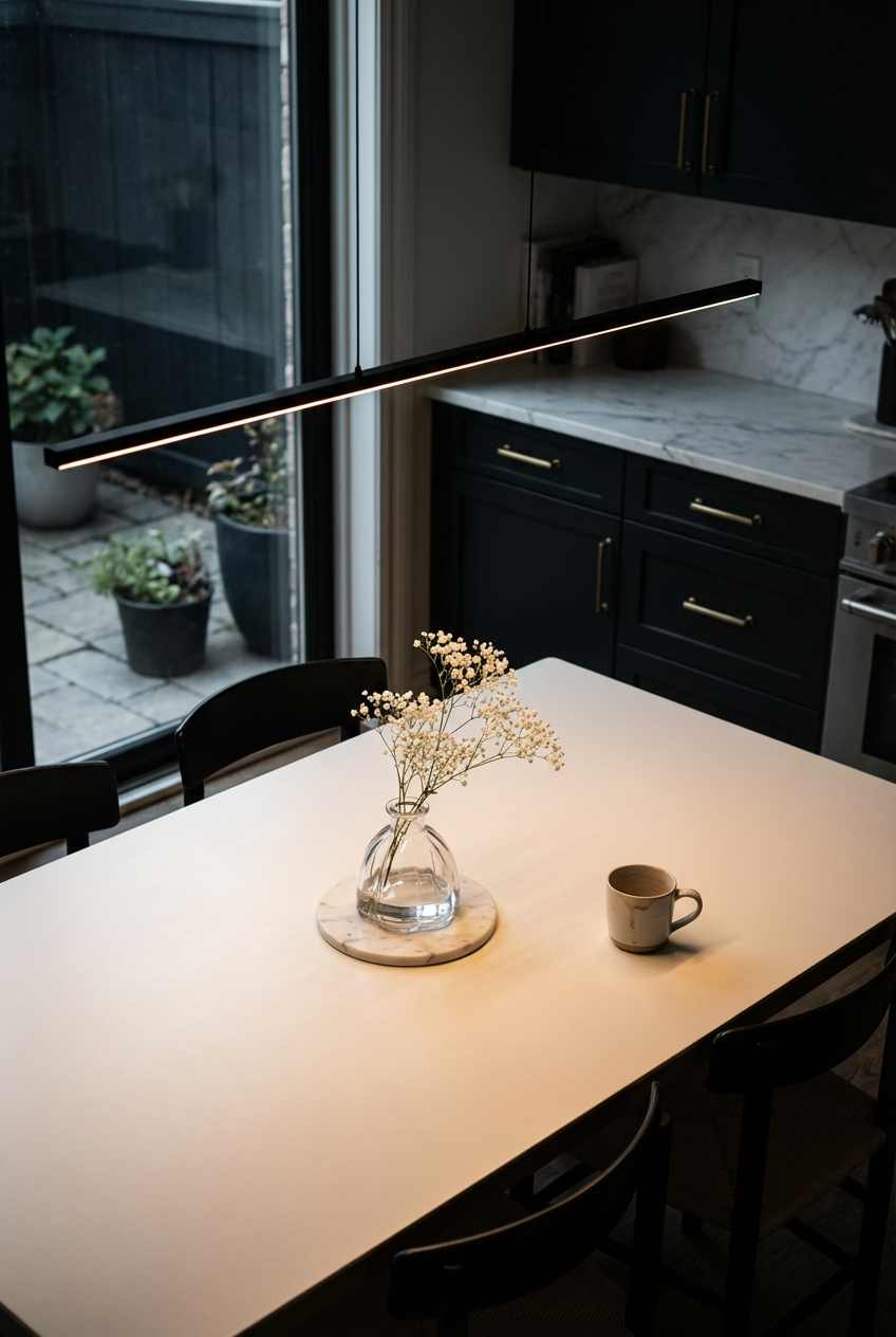 Black Dining Chairs Surrounding a Modern White Kitchen Table with Minimal Decor — Shop the Look