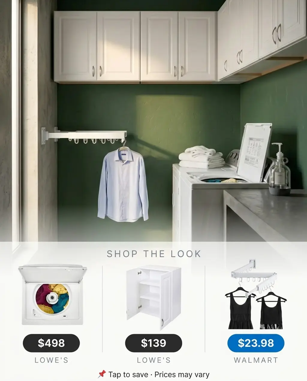 Small Laundry with Overhead Storage & Folding Rack — Shop the Look