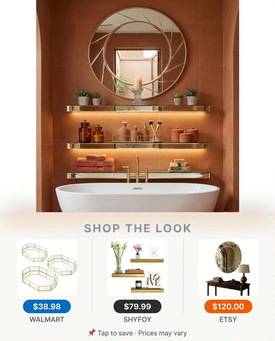 Art Deco Glam Bathroom with Mirrored Shelf Storage — Shop the Look