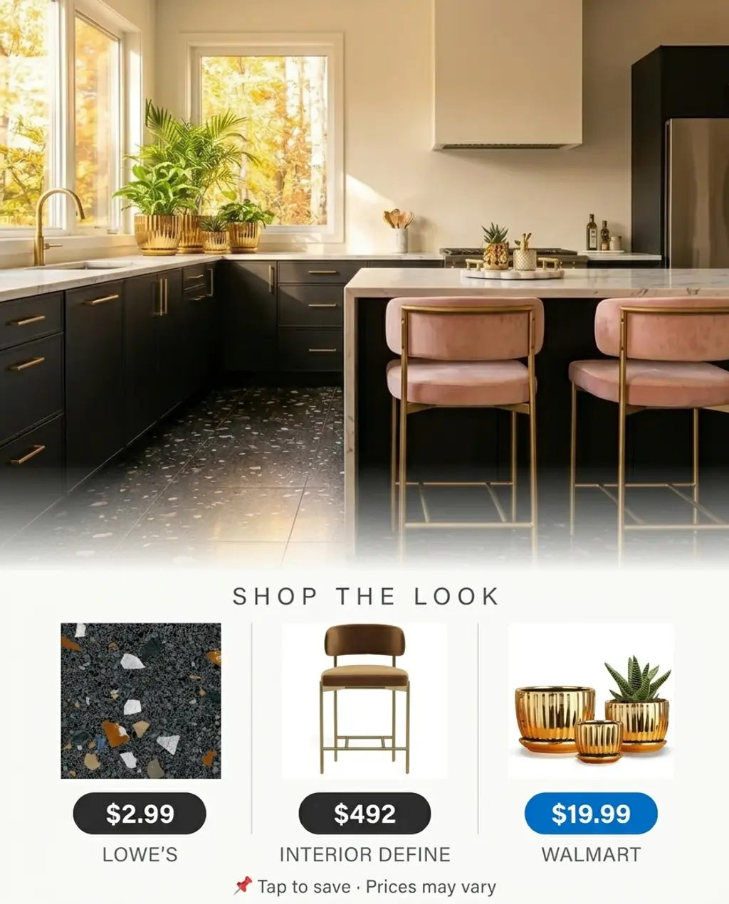 Sleek Black Terrazzo Kitchen Floor with Gold Accents — Shop the Look