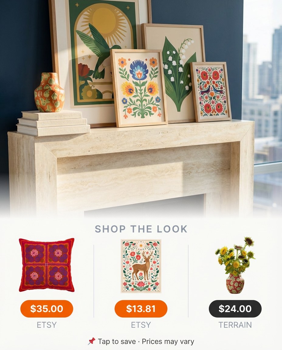 Colorful Eclectic Fireplace with Textured Decor — Shop the Look