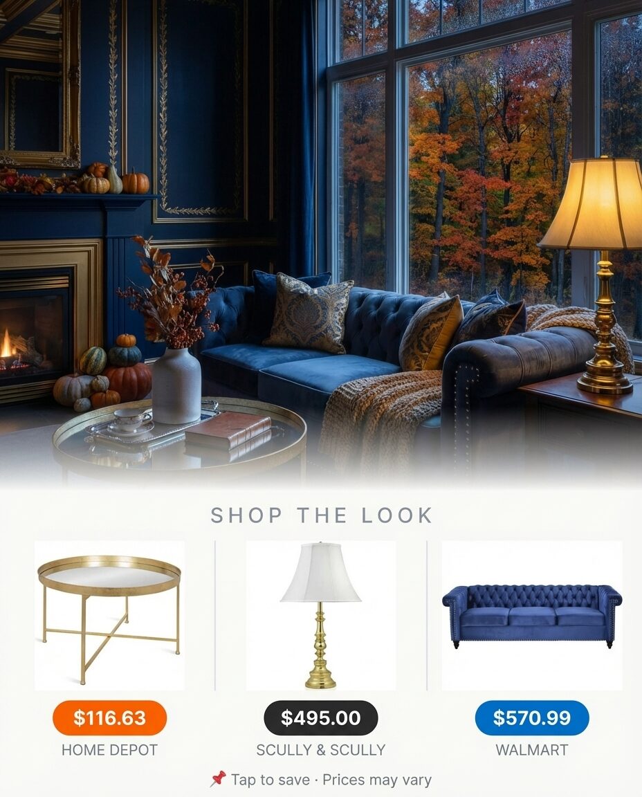 Navy Blue and Gold Living Room with Tufted Sofa — Shop the Look