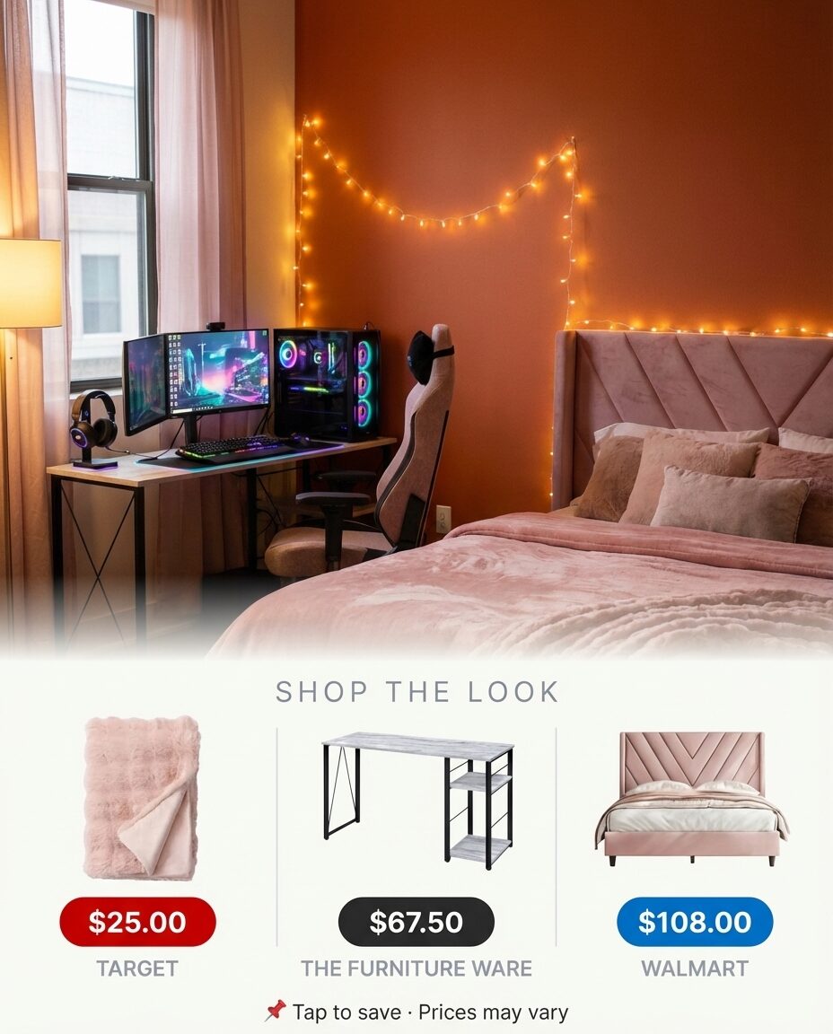 Cozy Pink Bedroom Gaming Setup with Fairy Lights — Shop the Look