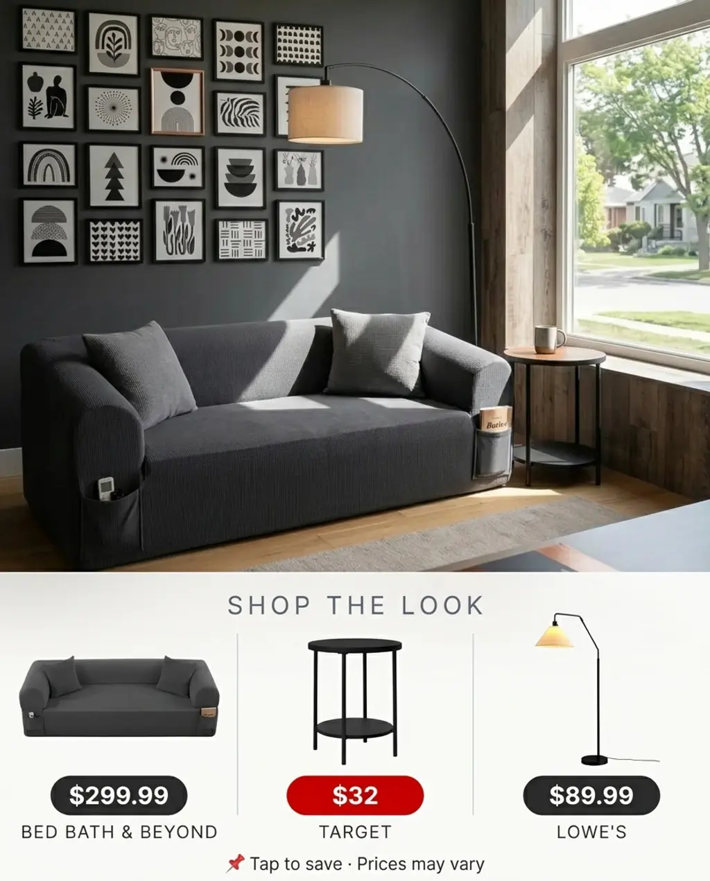 Sophisticated Charcoal Grey & Wood Panel Wall Living Room — Shop the Look