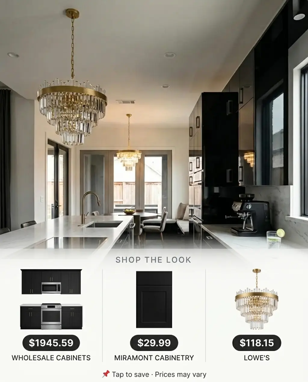 Luxury Black Kitchen with White Marble Countertops and Oversized Chandelier — Shop the Look