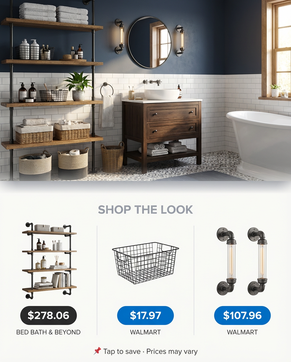 Industrial-Chic Bathroom with Metal Pipe Shelving — Shop the Look
