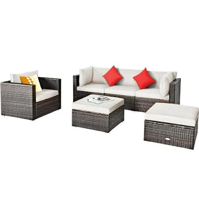 6 Pieces Patio Rattan Furniture Set with Sectional Cushion and Ottomans
