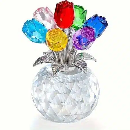 7 Color Crystal Rose Bouquet With Vase, Decorative Crystal Vase And Crystal Flow