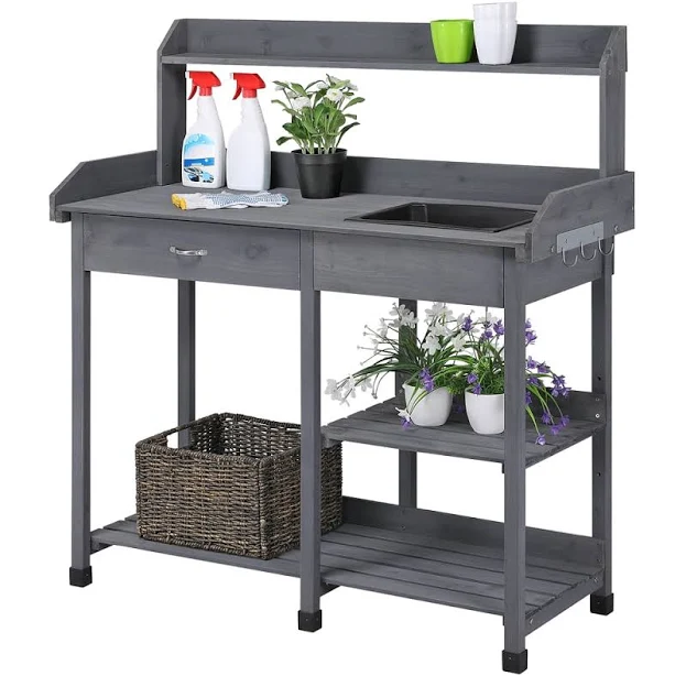 Alden Design Wooden Potting Bench with Sink Drawer and 2 Shelves