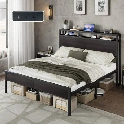 AMERLIFE Bed Frame with Storage Headboard & Charging Station